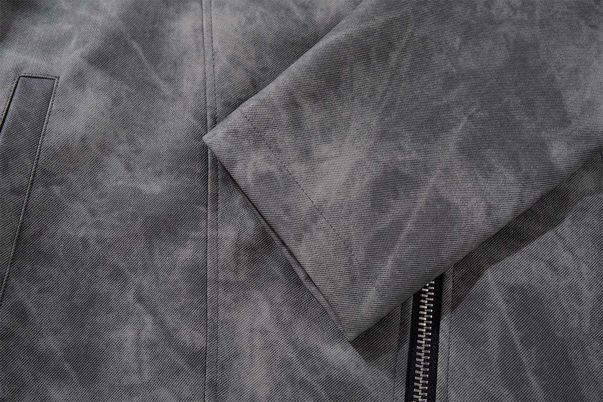 Distressed Grey Moto Jacket – Asymmetric Zip, Relaxed Fit