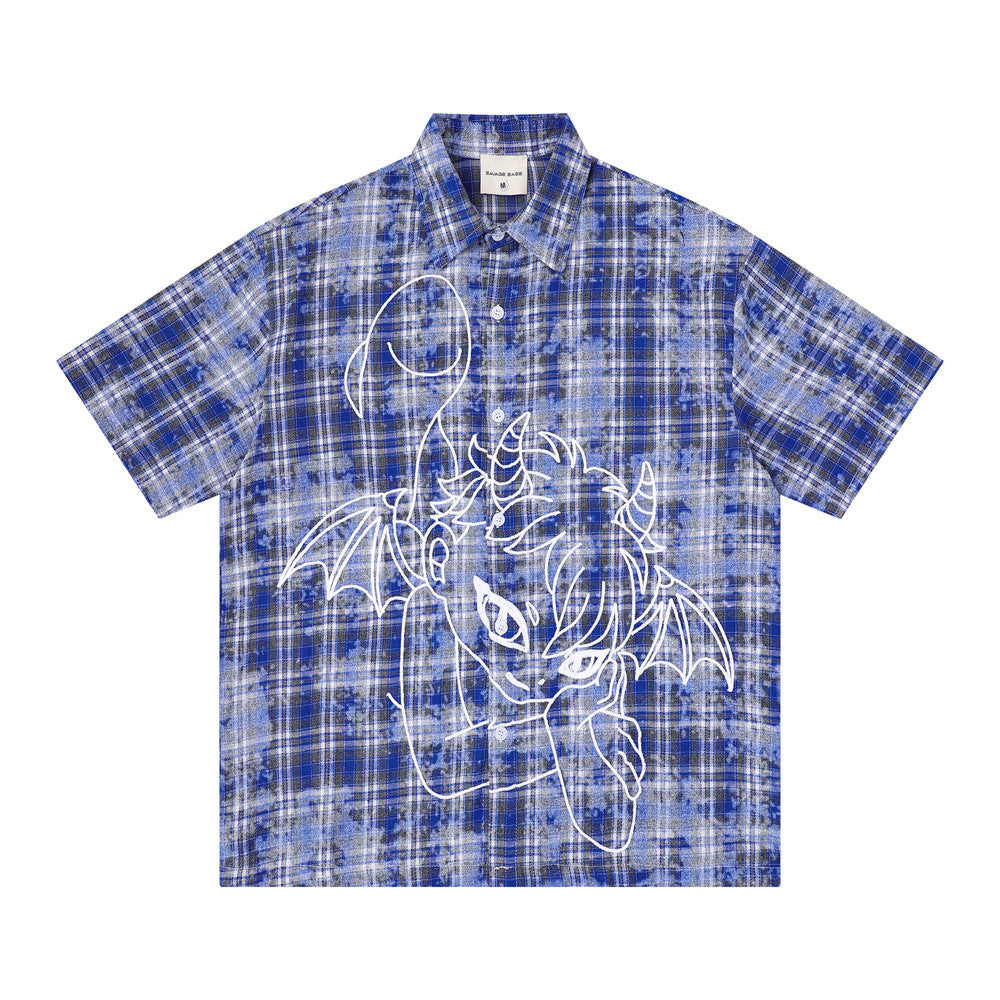 American Vintage Tie-Dye Plaid Short Sleeve Shirt with Dragon Graphic