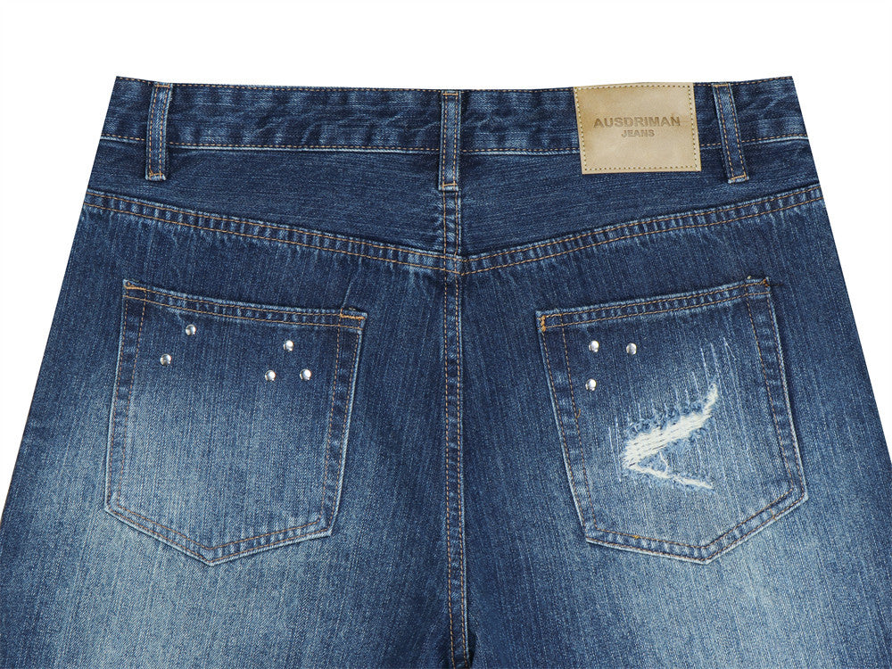 Herren-Bootcut-Jeans im Distressed-Look mit Nieten – Dunkelblauer Flare-Denim mit Karomuster