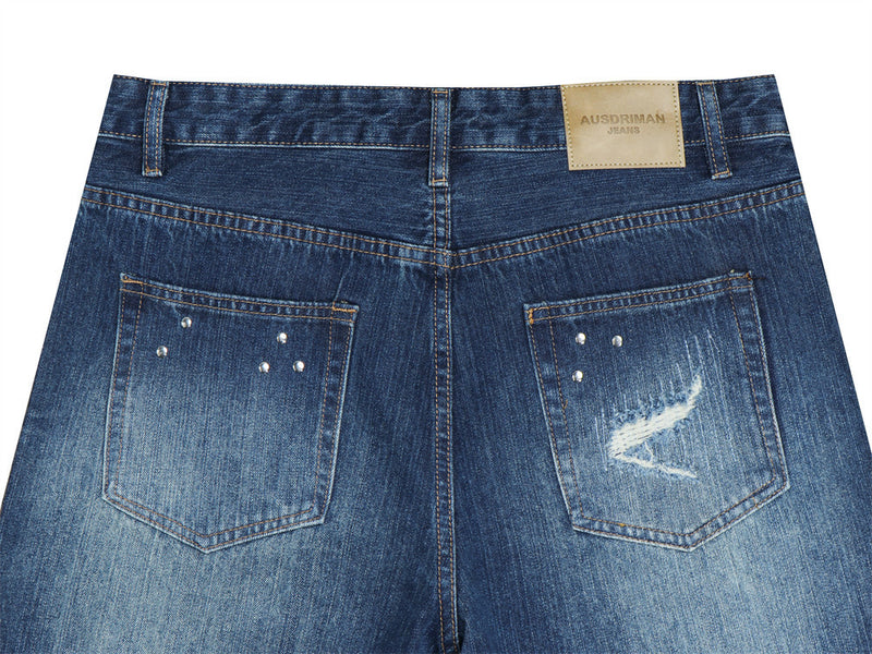 Herren-Bootcut-Jeans im Distressed-Look mit Nieten – Dunkelblauer Flare-Denim mit Karomuster
