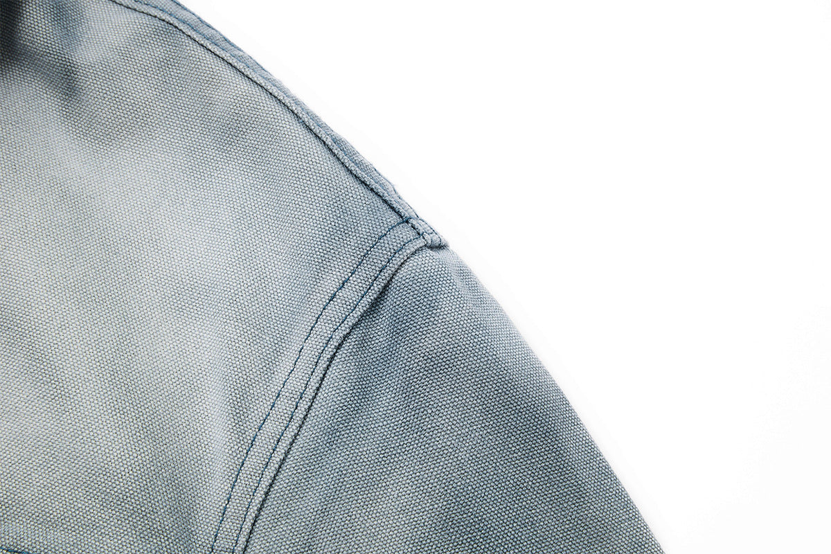 Boxy Washed Denim Workwear Jacket with Corduroy Collar & Clasp Closure