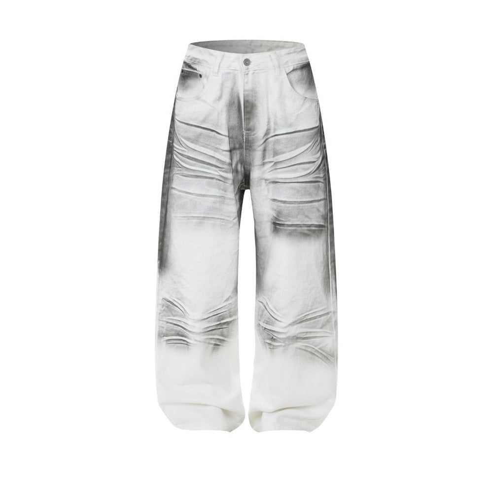 Men's Wide-Leg Baggy Jeans – Ink Wash Gradient Crinkle Print, Straight Fit