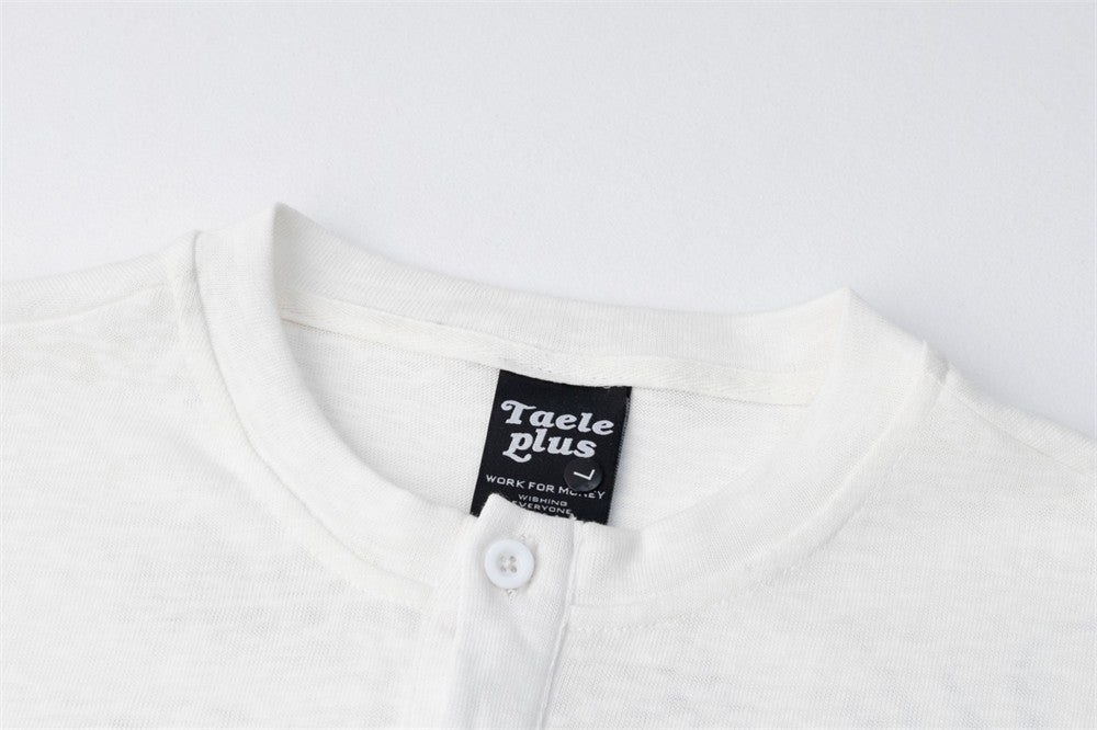 T-shirt Henley à manches longues avec imprimé Union Jack sur les manches, coupe oversize blanche