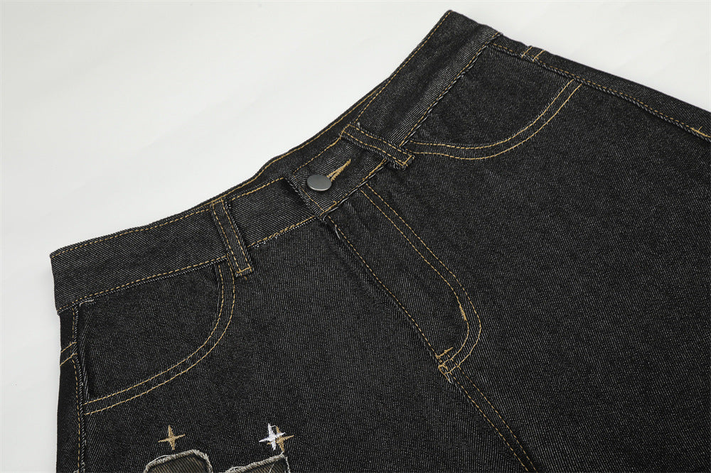 Wide-Leg Barrel Jeans – Dark Black Denim with Camo Pocket & Embroidered Graphic