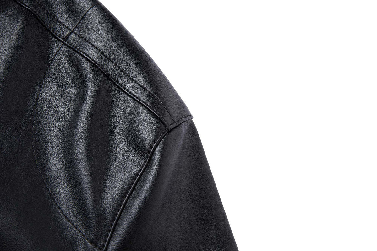 Black PU Leather Moto Jacket – Vintage Biker Style with Stand Collar & Silver