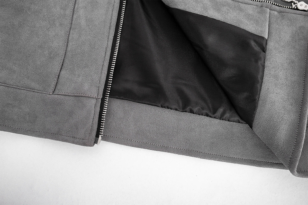 Men's Suede Jacket Boxy Zip-Up with Chest Pockets