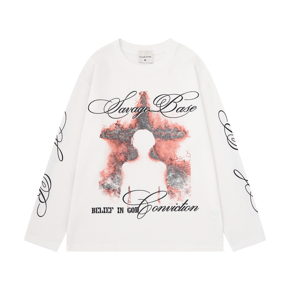 T-shirt graphique manches longues Savage Base – Col rond oversize en maille gaufrée