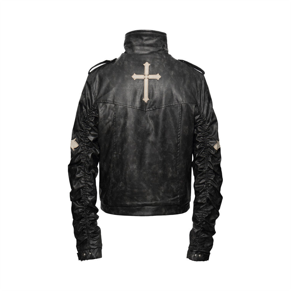 Gothic Cross Embroidered Padded PU Leather Moto Jacket – Double-Breasted Stand