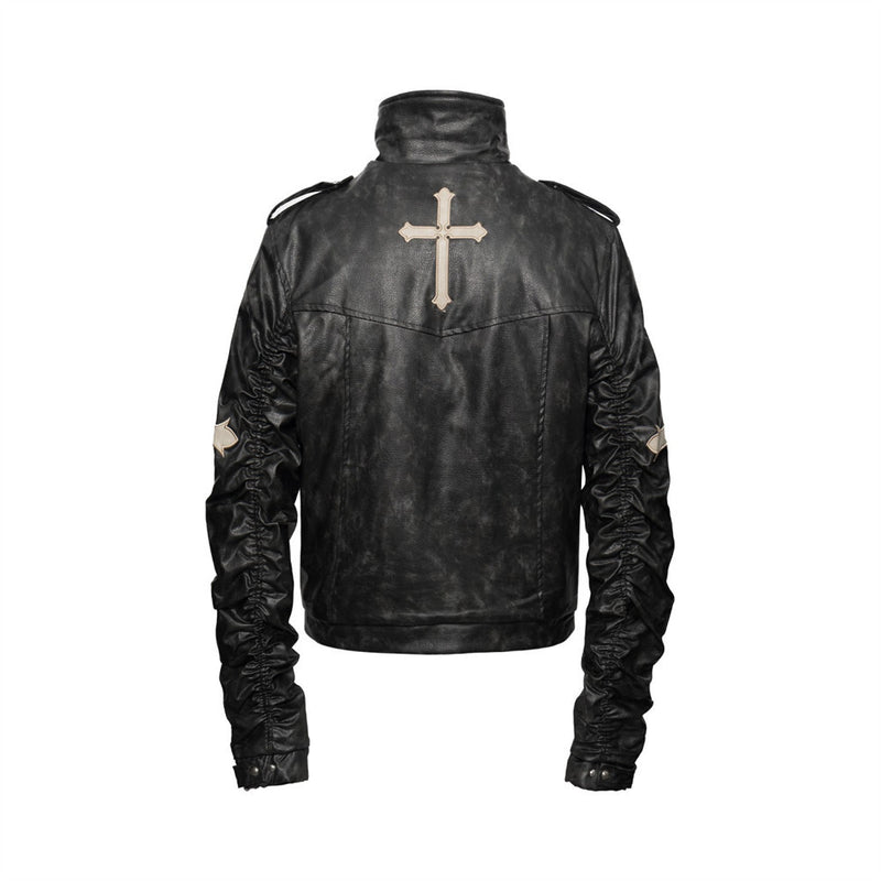 Gothic Cross Embroidered Padded PU Leather Moto Jacket – Double-Breasted Stand