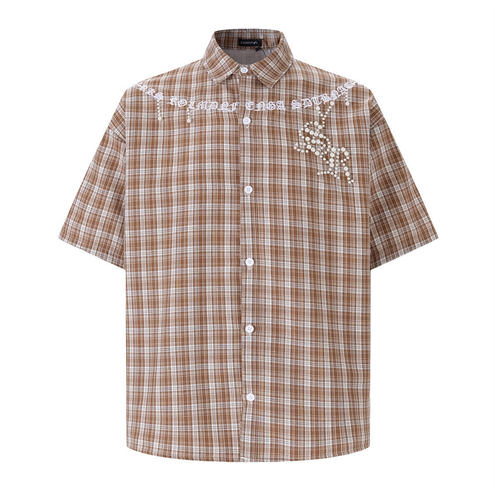 Oversized Plaid Short-Sleeve Shirt with Pearl Star Embroidery
