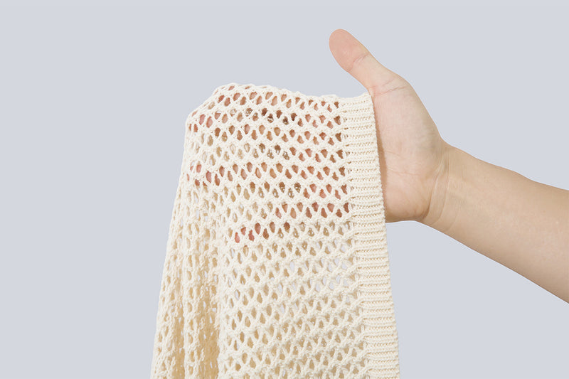 Beige Crew Neck Sweater Open-Knit Mesh Oversized Pullover