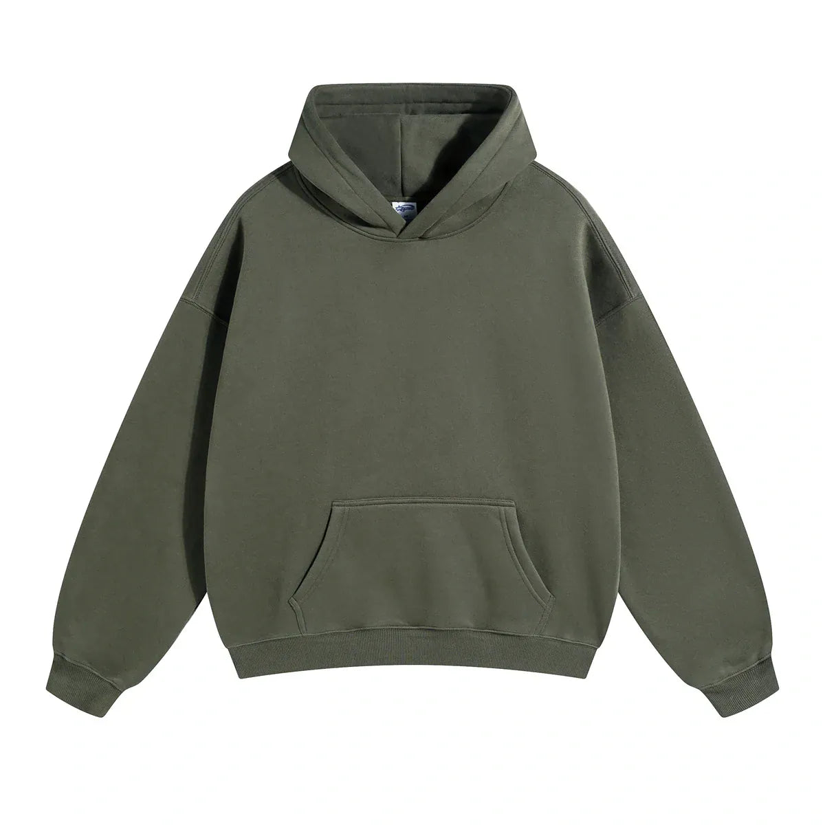 The Custom Anime Character Olive Green Hoodie is a 350GSM 100% cotton pullover with long sleeves and a front kangaroo pocket, laid flat on a white background—ideal for personalizing into your own unique anime hoodie.