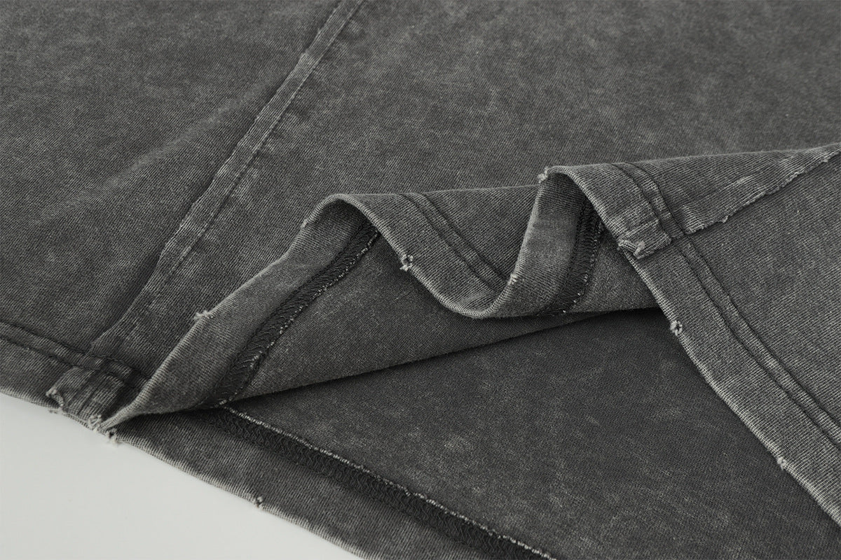 Pull homme gris à col rond – Délavé à l’acide, déstructuré, manches longues à bords bruts