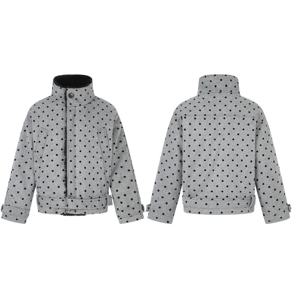 Polka Dot Wool-Blend Jacket Men – Fur Collar, Padded, Stand Collar with Belt