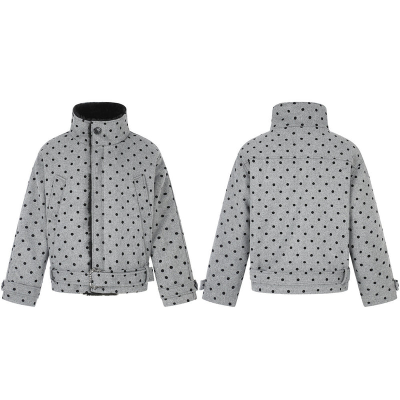 Polka Dot Wool-Blend Jacket Men – Fur Collar, Padded, Stand Collar with Belt