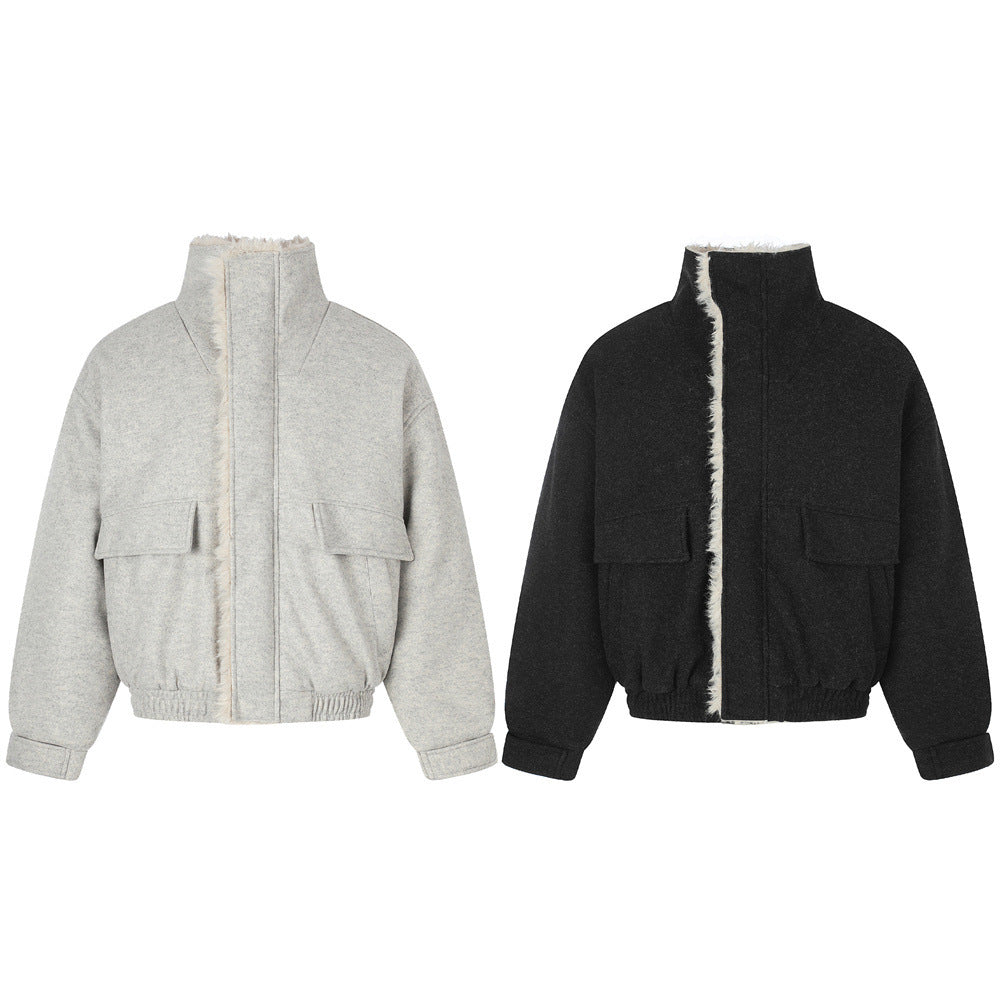 Men's Wool-Blend Sherpa-Lined Stand Collar Bomber Jacket