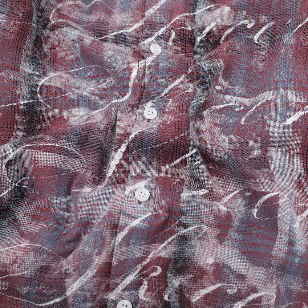 Oversized Button-Up Shirt Plaid Graffiti Print Long Sleeve