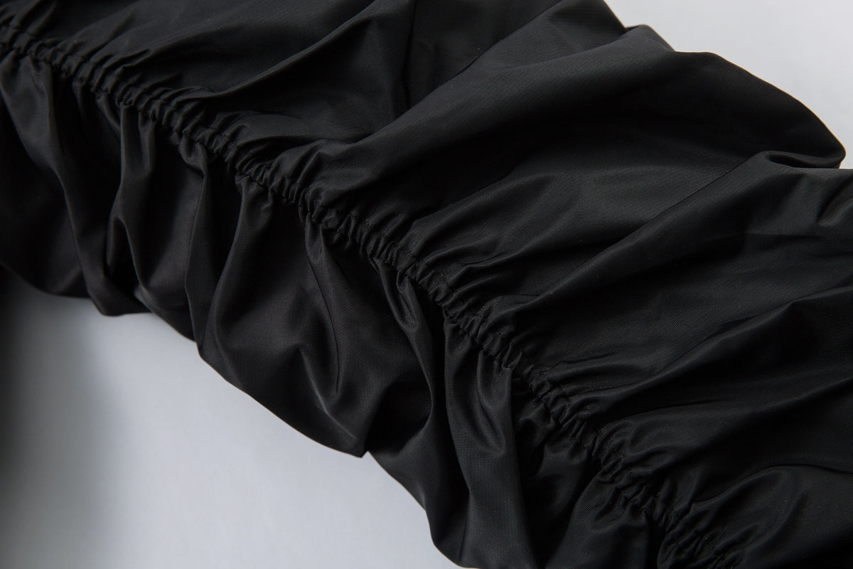 Padded Bomber Jacket with Detachable Faux Fur Hood & Ruched Sleeves in Black