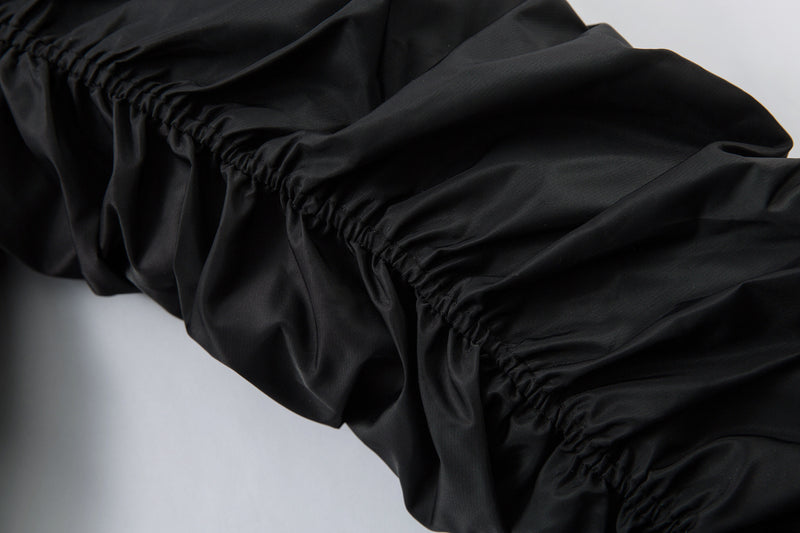 Padded Bomber Jacket with Detachable Faux Fur Hood & Ruched Sleeves in Black