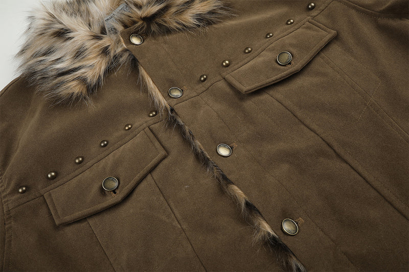 Faux Fur Collar Suede Jacket with Leopard Trim & Studs