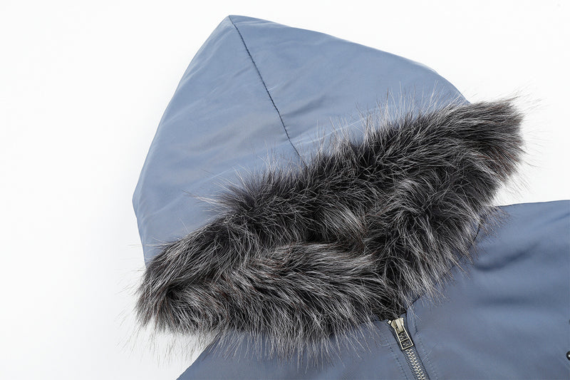 Studded Puffer Bomber Jacket with Faux Fur Hood