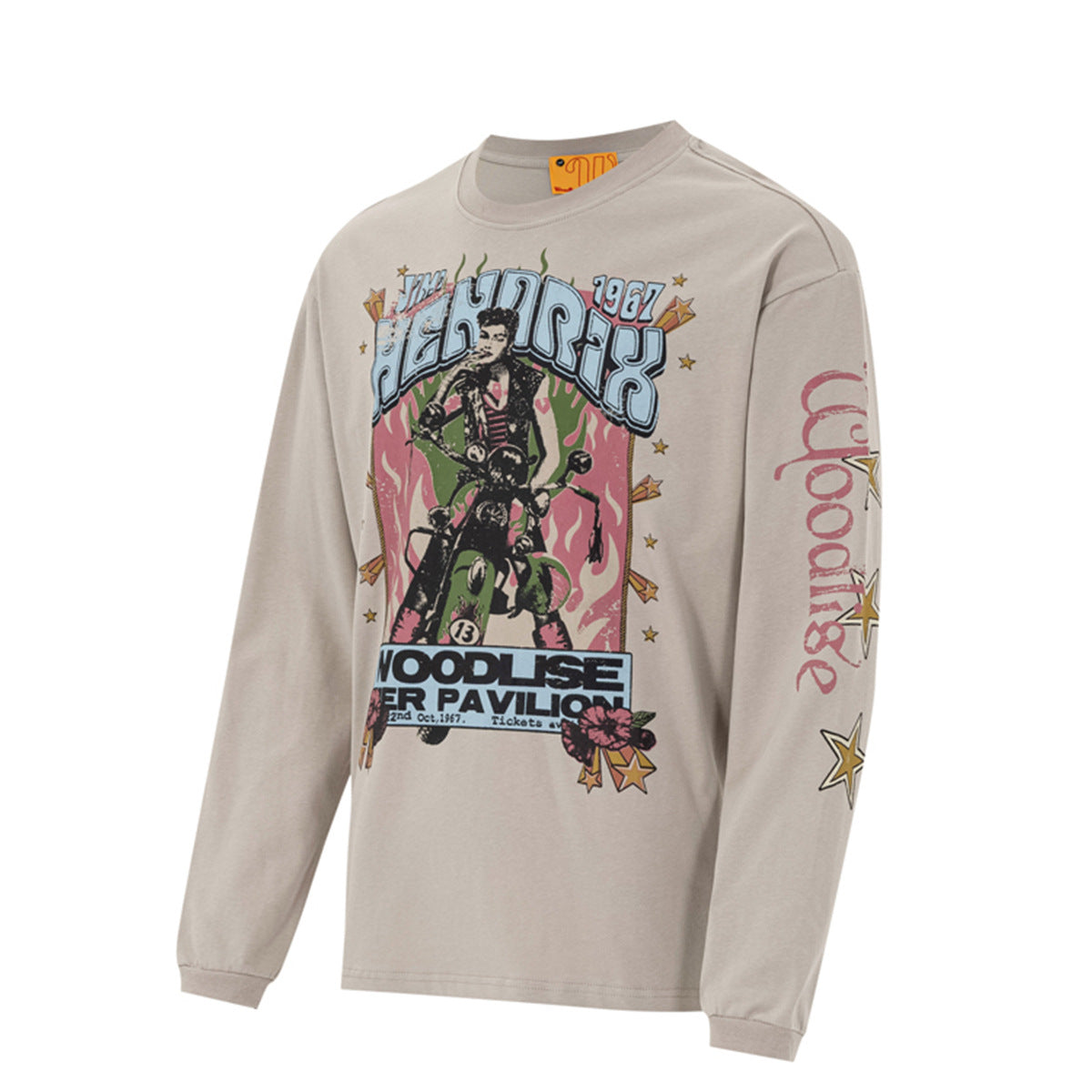 Camiseta Vintage de Manga Larga con Gráfico Moto – Estampado del Concierto de Jimi Hendrix de 1967