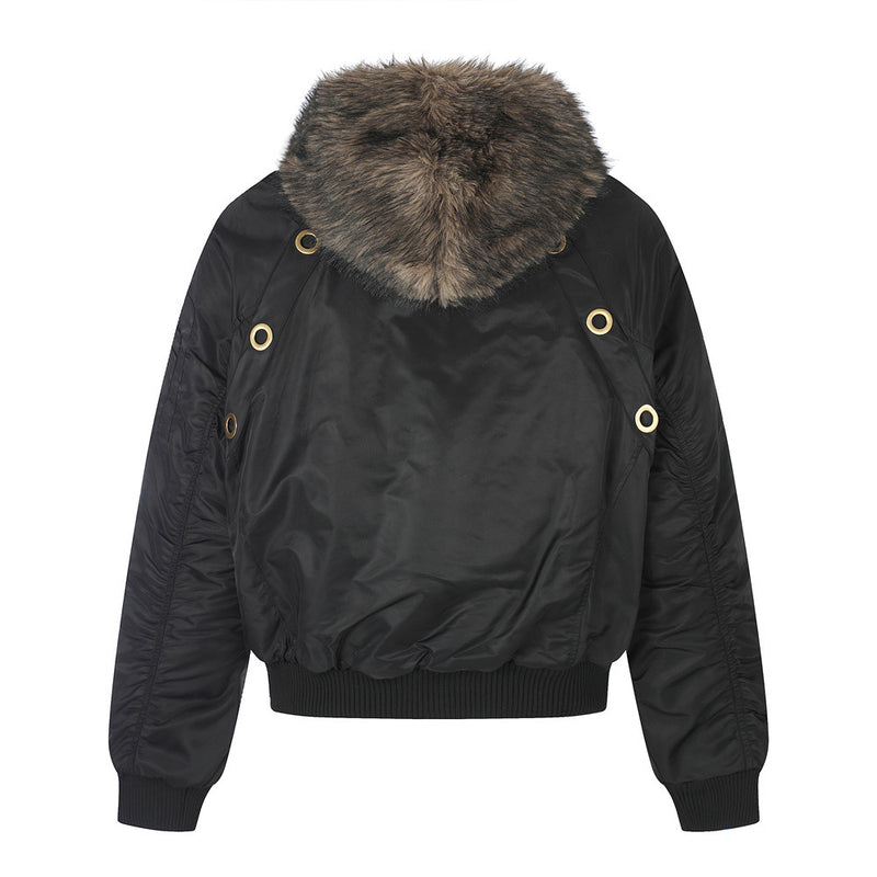 Faux Fur Hood Bomber Jacket – Metal Eyelet Detail Men's Winter Padded Flight