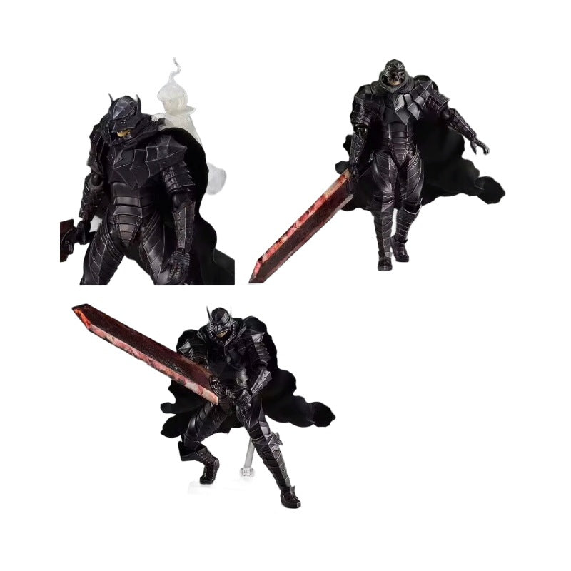 The Berserk Guts Berserker Brand Marked Action Figure shows a fully poseable armored character in three images, featuring a dark suit, tattered black cape, and large red sword. The helmet&