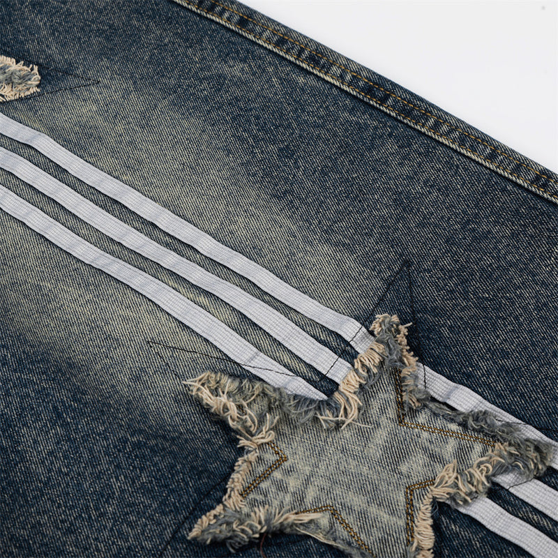 Vintage Washed Star Patch Stripe Denim Shorts