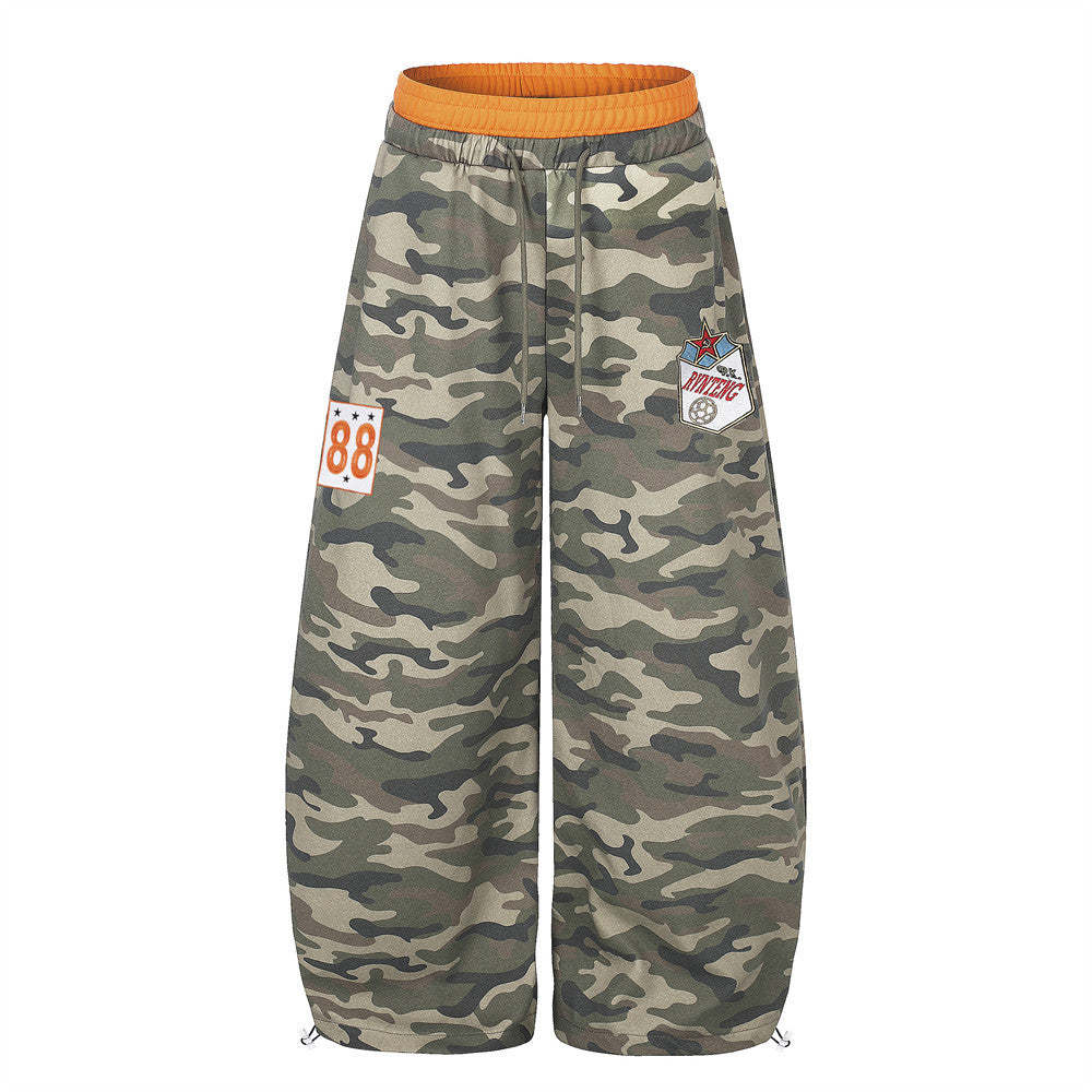 Camo Wide-Leg Sweatpants with Colorblock Orange Waistband and Patches