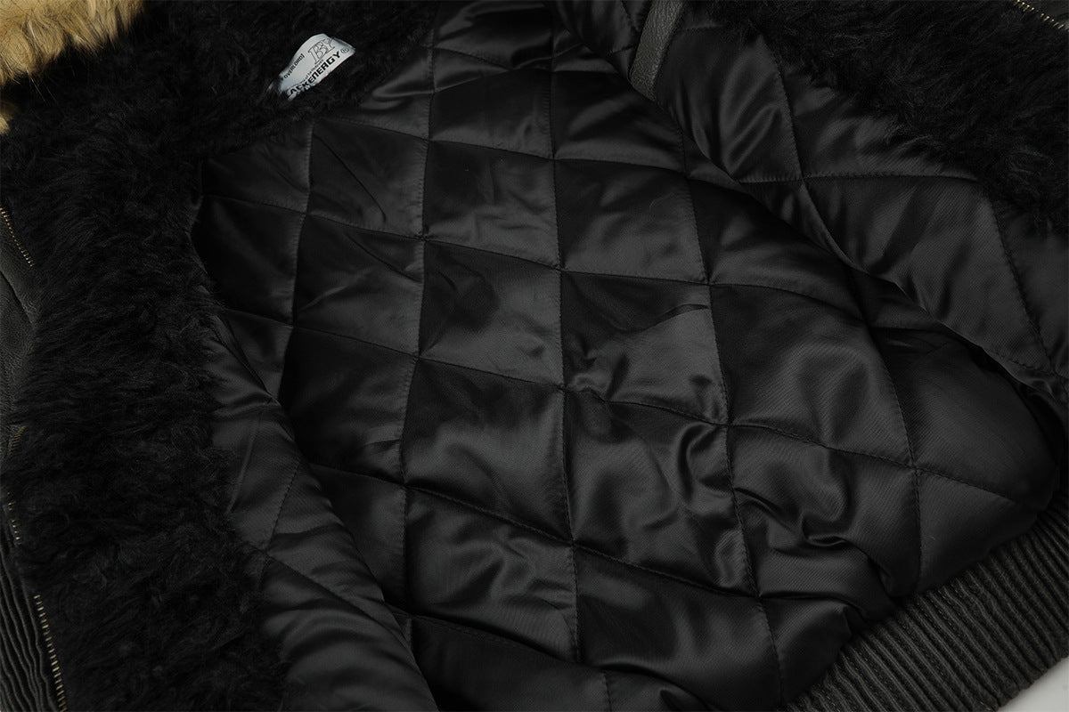 Leather Jacket Fur Collar Studded Hooded Bomber Jacket with Fleece Lining