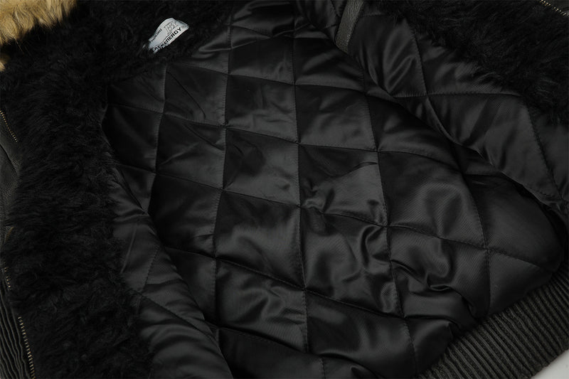 Leather Jacket Fur Collar Studded Hooded Bomber Jacket with Fleece Lining