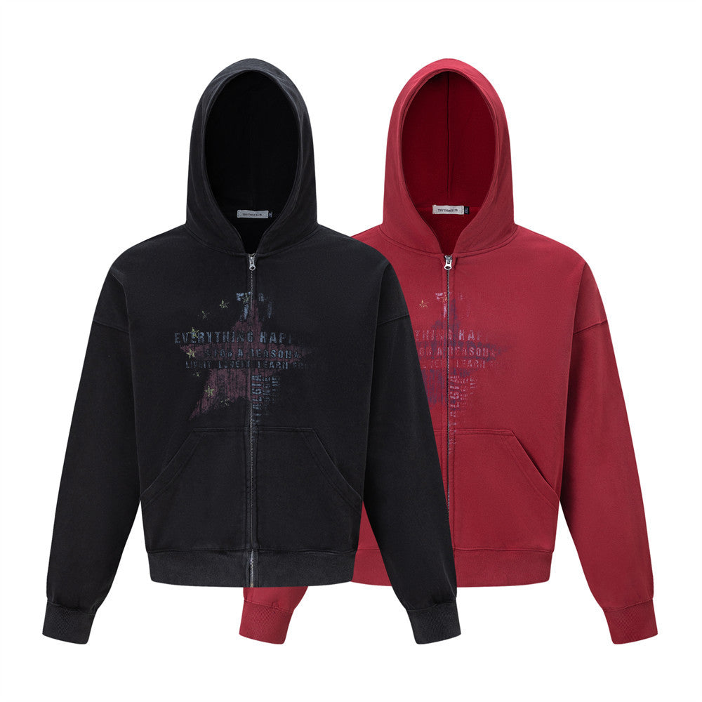 Men's Vintage Star Graphic Zip-Up Hoodie – Oversized American Retro Streetwear