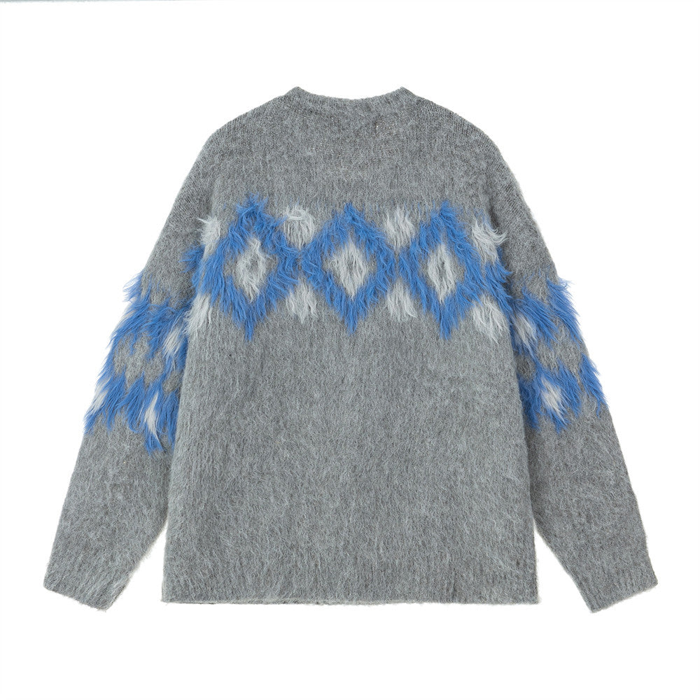 Diamond Jacquard Fringe Crewneck Sweater – Oversized Knit Pullover