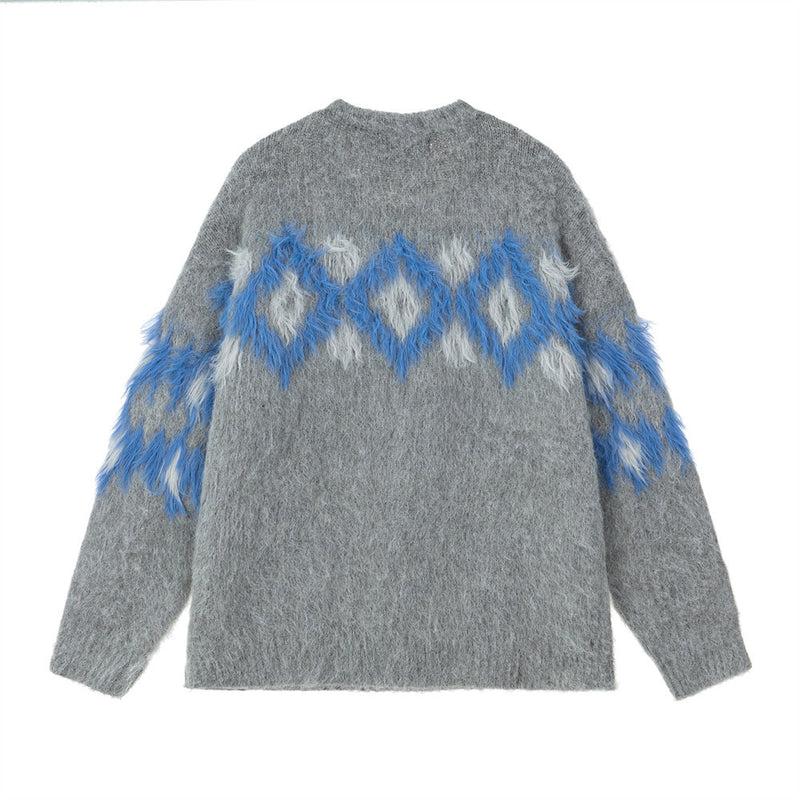 Diamond Jacquard Fringe Crewneck Sweater – Oversized Knit Pullover