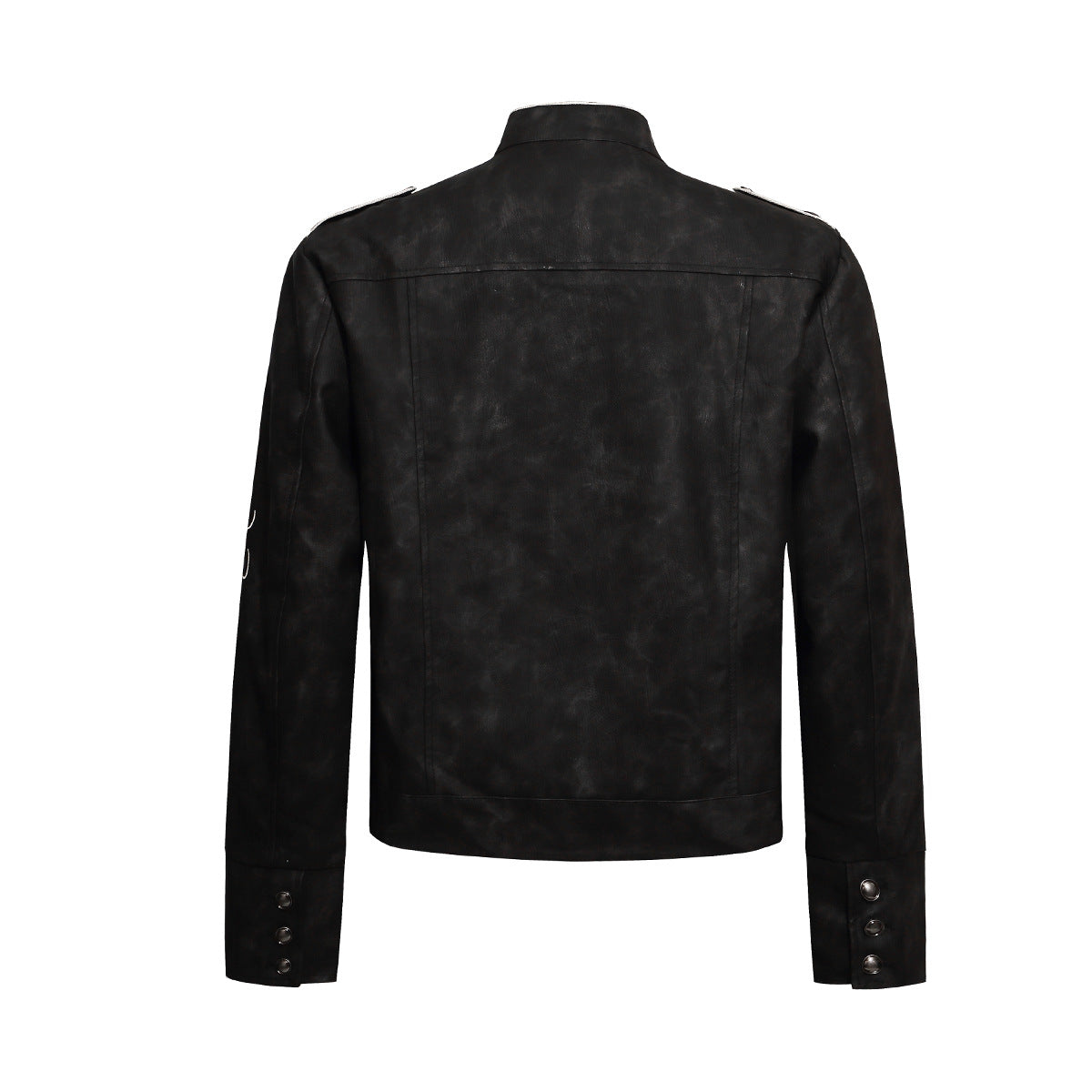 Jacke im Military-Stil aus besticktem PU-Leder – Schwarz, Used-Look und Stehkragen