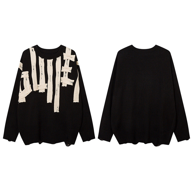 Distressed Letter Appliqué Crewneck Knit Sweater – Oversized Streetwear Pullover
