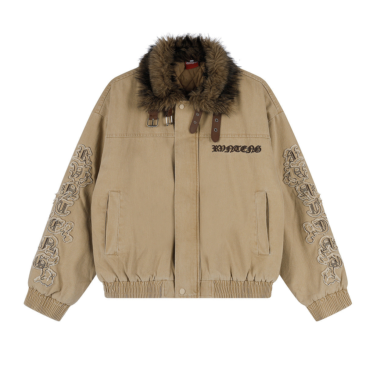 Oversized fur collar bomber jacket with gothic letter embroidery on sleeves and quilted lining, shown in khaki and black