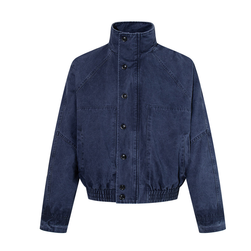 Bomber workwear vintage bleu marine délavé avec col montant, fermeture boutonnée sur le devant et bas élastiqué