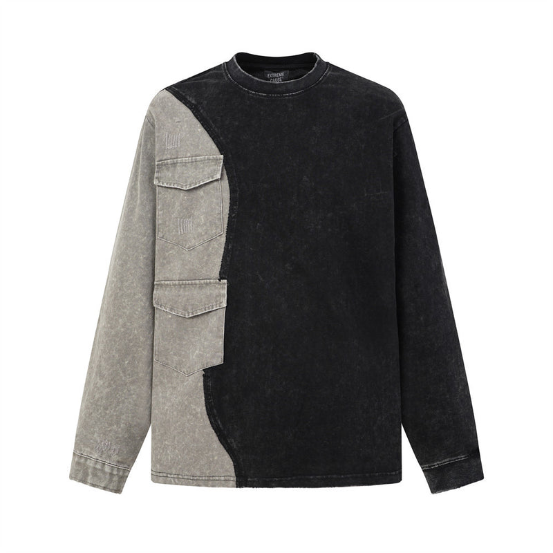 Sweat-shirt colorblock à manches longues délavé à l’acide avec poches cargo