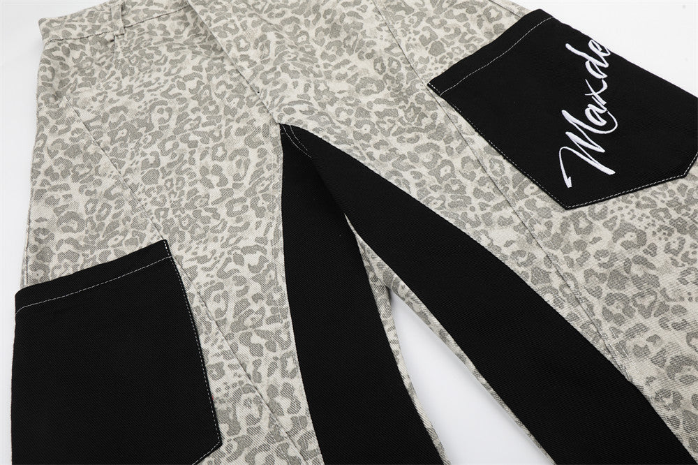 Leopard Print Colorblock Cargo Wide-Leg Jeans