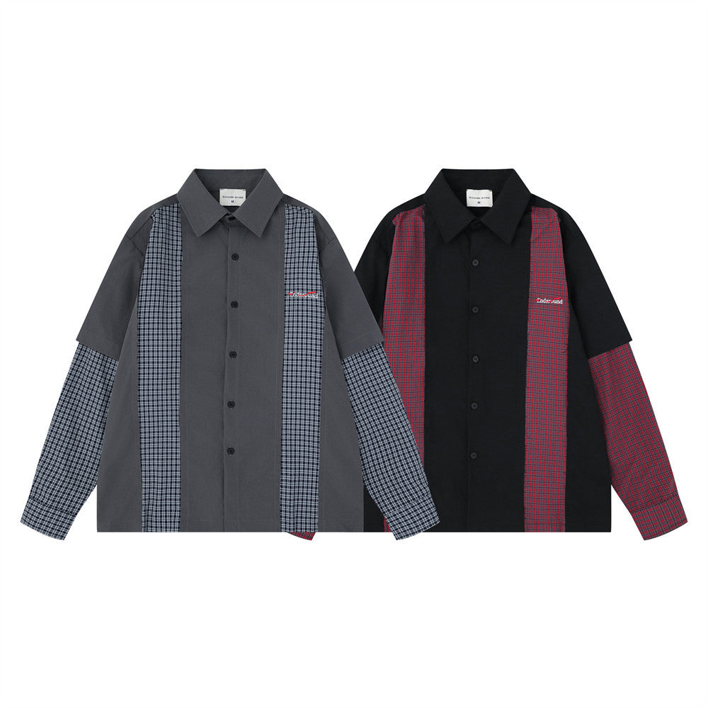 Men's Plaid Patchwork Long Sleeve Button-Up Shirt – Faux Two-Piece Oversized Fit