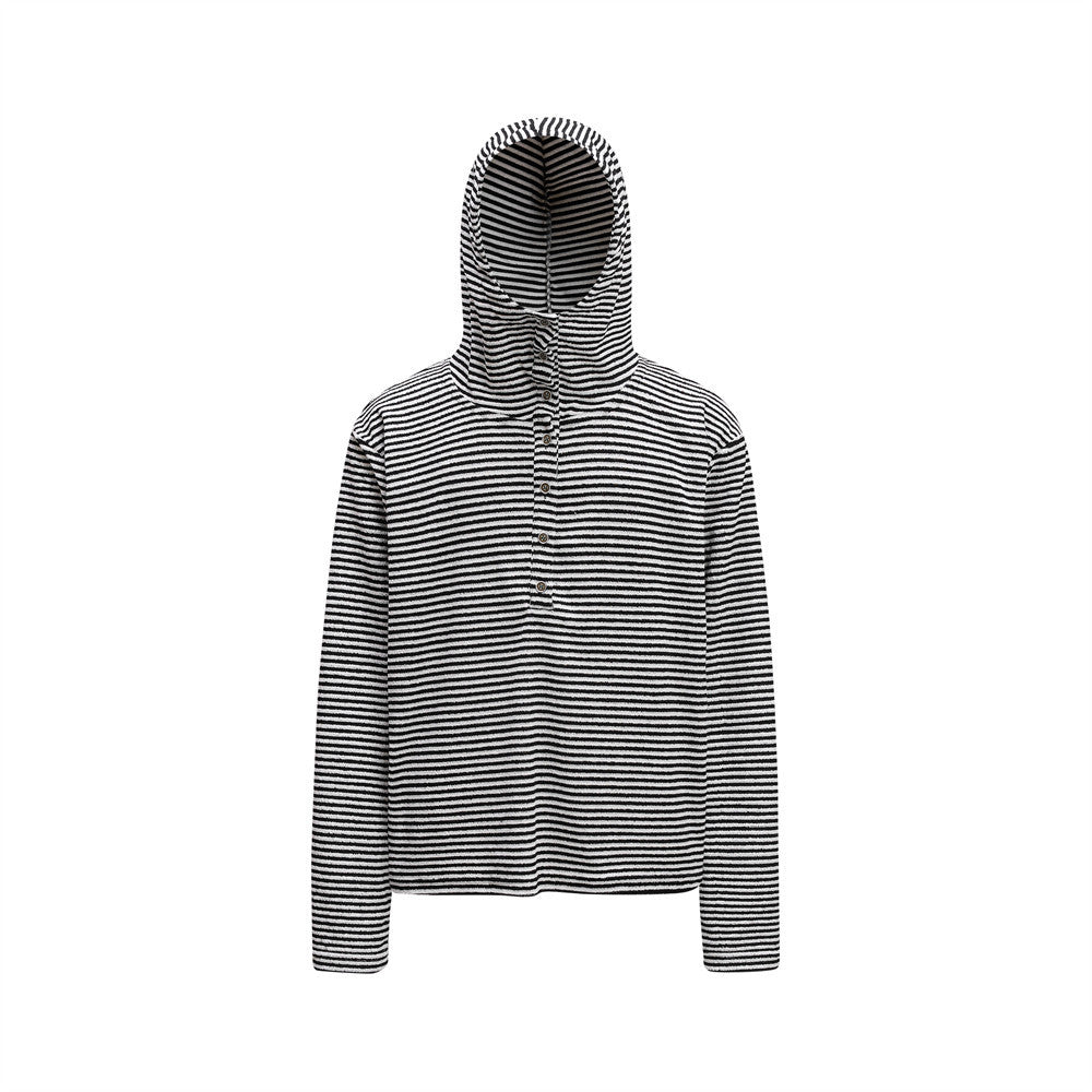 Men's black and white striped henley pullover hoodie with button placket and oversized hood, front view