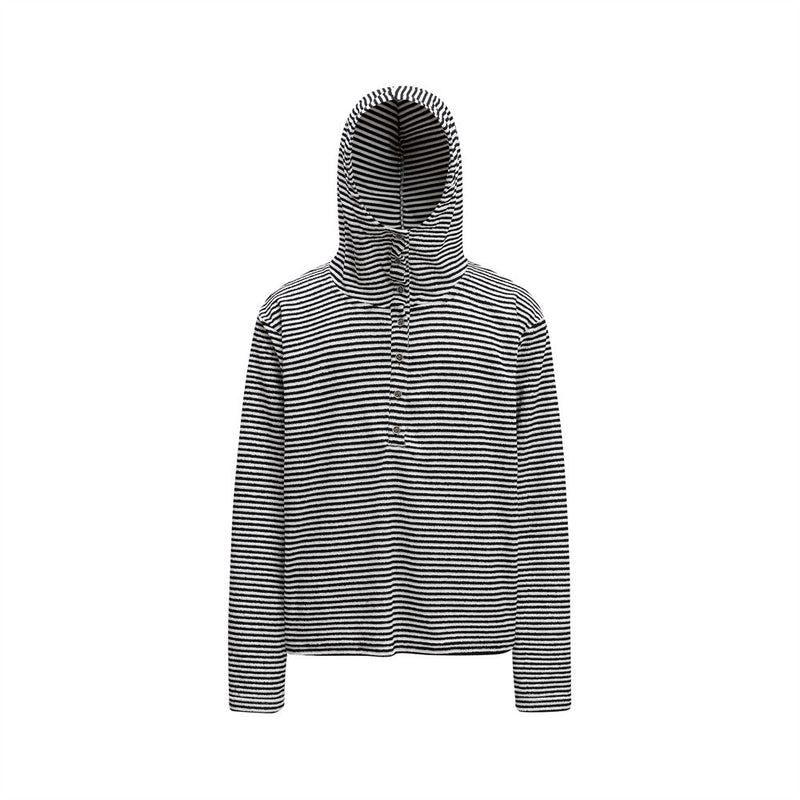 Men's black and white striped henley pullover hoodie with button placket and oversized hood, front view