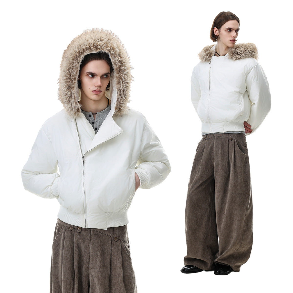 Fur-Trim Hooded Puffer Bomber Jacket – Cropped Padded Winter Coat