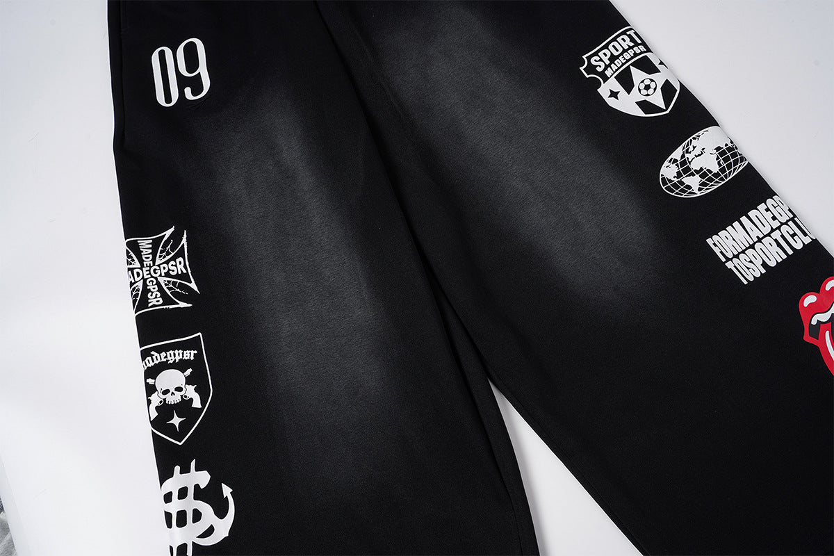 Wide-Leg Graphic Sweatpants – Streetwear Patch Print, Washed Finish