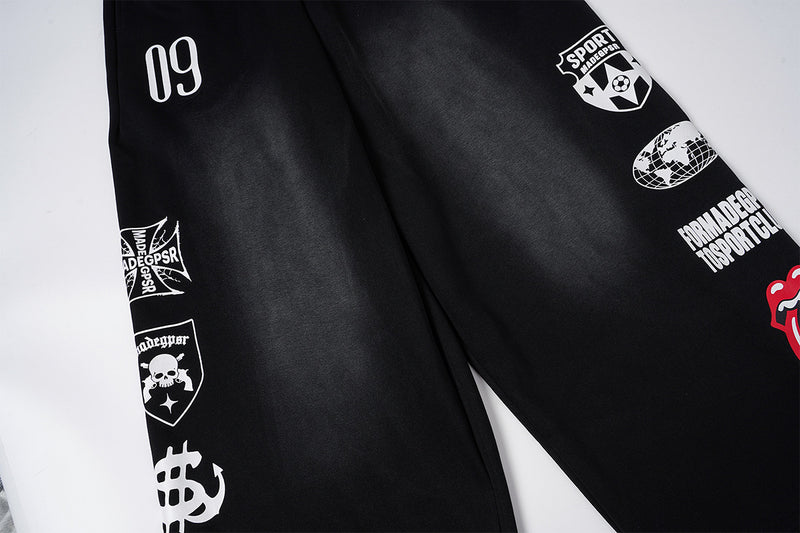 Wide-Leg Graphic Sweatpants – Streetwear Patch Print, Washed Finish