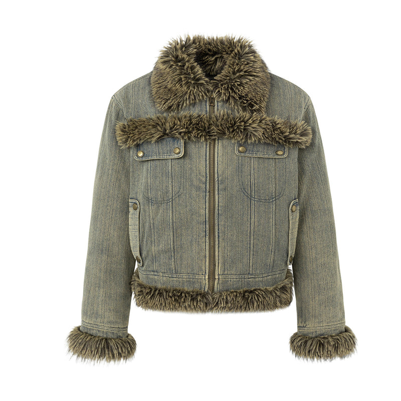 Washed Denim Fur-Trim Padded Jacket – Vintage American Moto Style