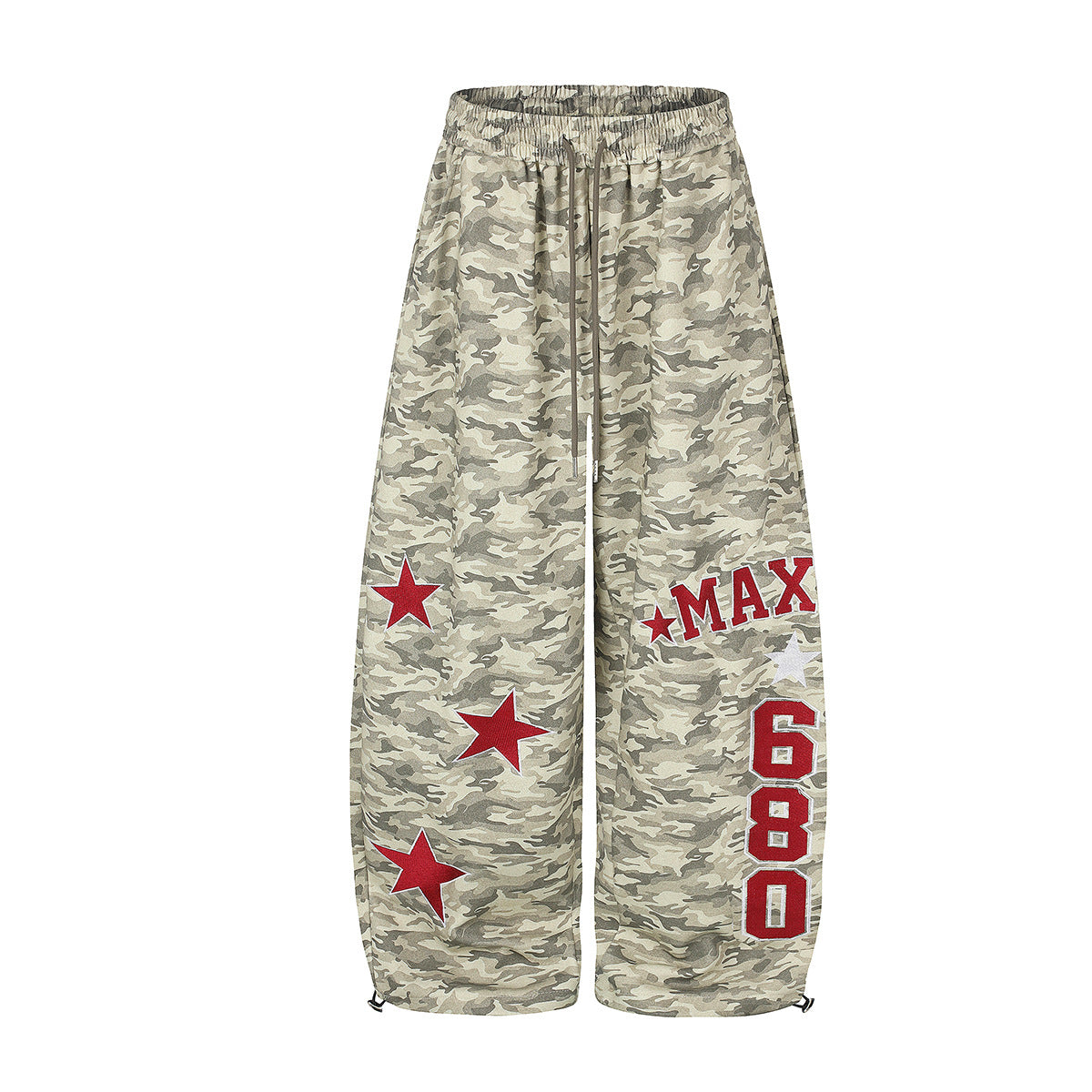 Pantalón de chándal extragrande de camuflaje y pierna ancha, con bordado de estrella roja y gráfico universitario 680 en la pernera