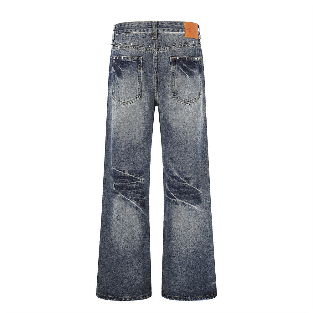 Men's Vintage Wash Wide-Leg Jeans with Metal Pyramid Studs – Retro Blue